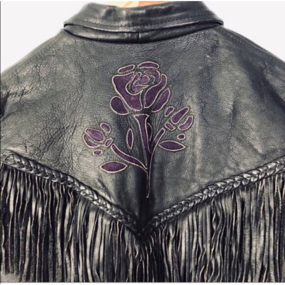 Vintage Black Leather Fringe Motorcycle Jacket with Embroidery Large - Picture 7 of 12
